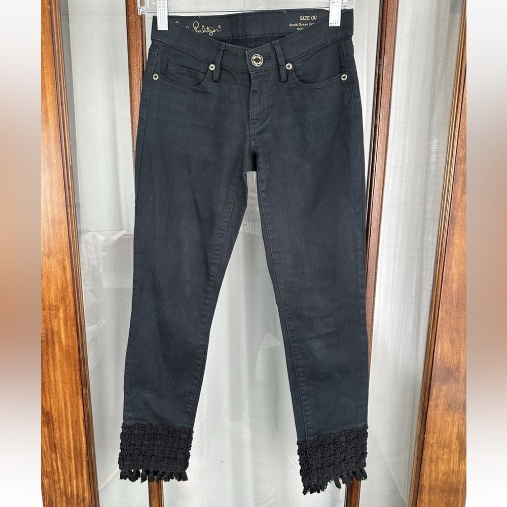 Lilly Pulitzer 27” South Ocean Mid Rise Skinny Ankle Jean 00 Black Crochet Hem‎